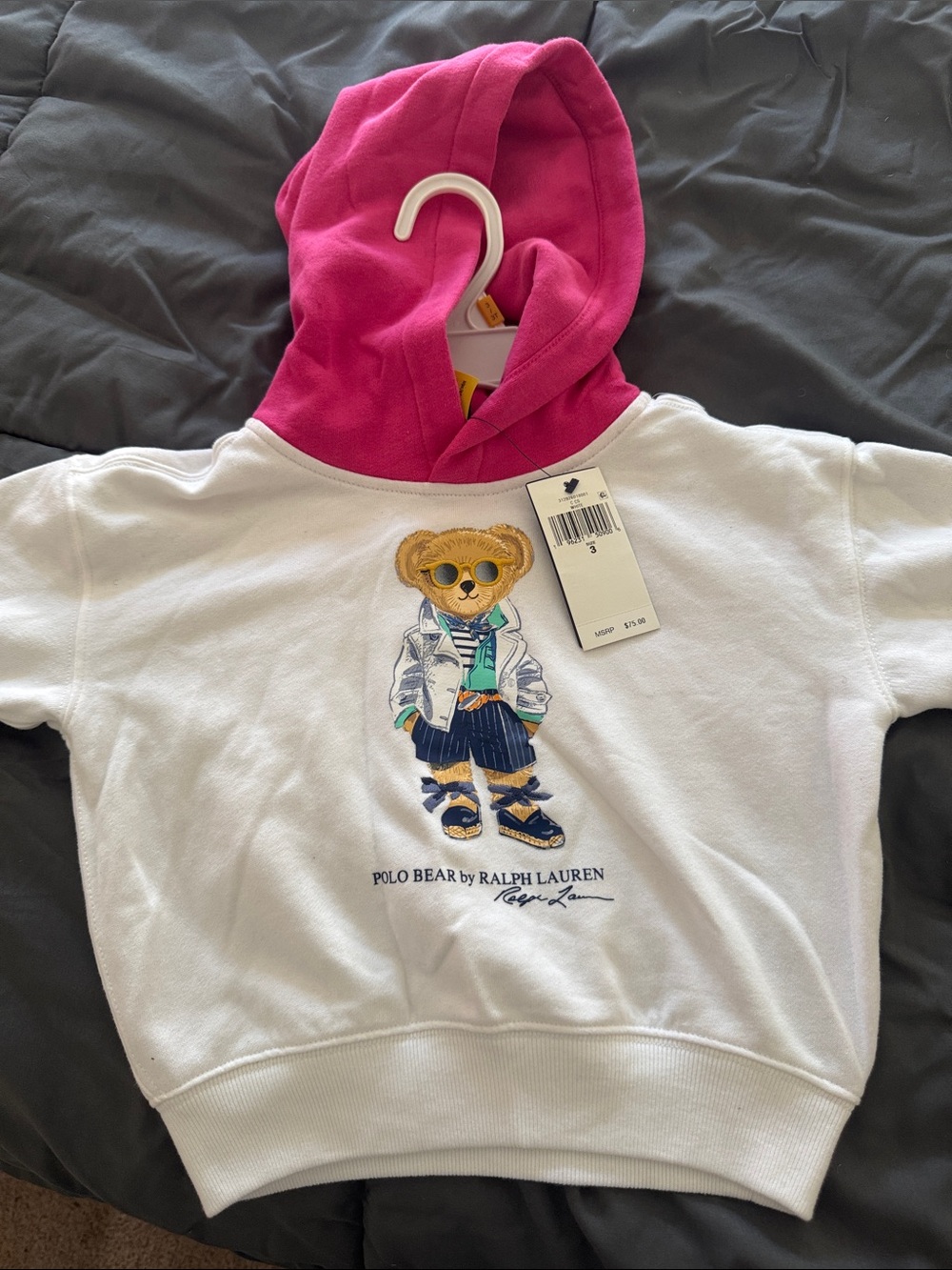 Ralph Lauren Kids Polo Bear Hoodie - White & Hot Pink Hood